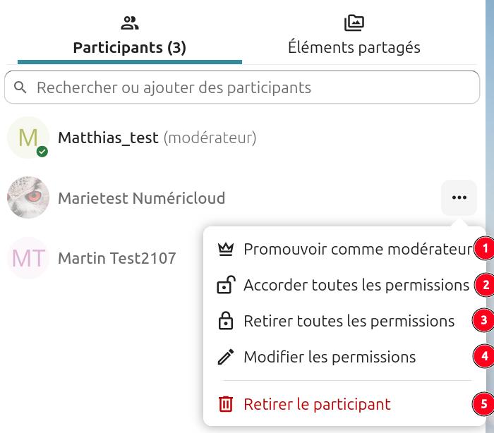 Capture d’écran de la partie "Participants" du canal. On a cliqué sur les 3 points à droite de l’un des noms, une fenêtre s’est ouverte avec des paramètres. "Promouvoir en modérateur", "Accorder toutes les permissions", "Retirer toutes les permissions", "Modifier les participations" et "Retirer le participant". Ils sont numérotés de 1 à 5 dans l’ordre cités, les explications correspondantes étant dans le texte à droite de l’image.