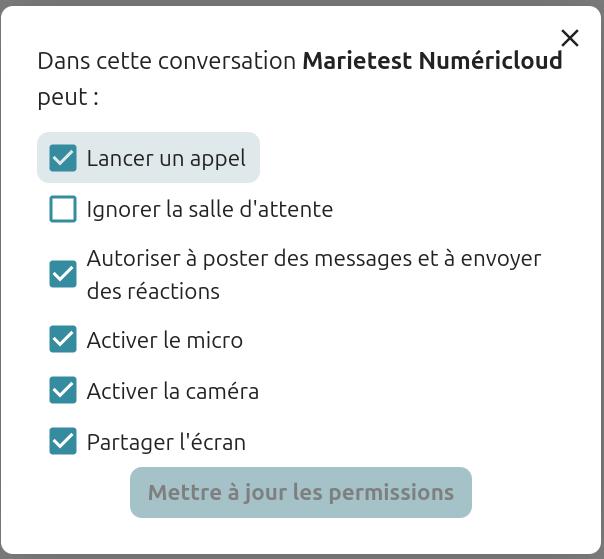 Capture d’écran des différentes permissions que l’on peut donner à un·e participant·e, avec un système de case à cocher, "Démarrer un appel", "Ignorer la salle d’attente", "Autoriser à poster des messages et à envoyer des réactions", "Activer le micro", "Activer la caméra" et "Partager l’écran". En bas le bouton "Mettre à jour les permissions".