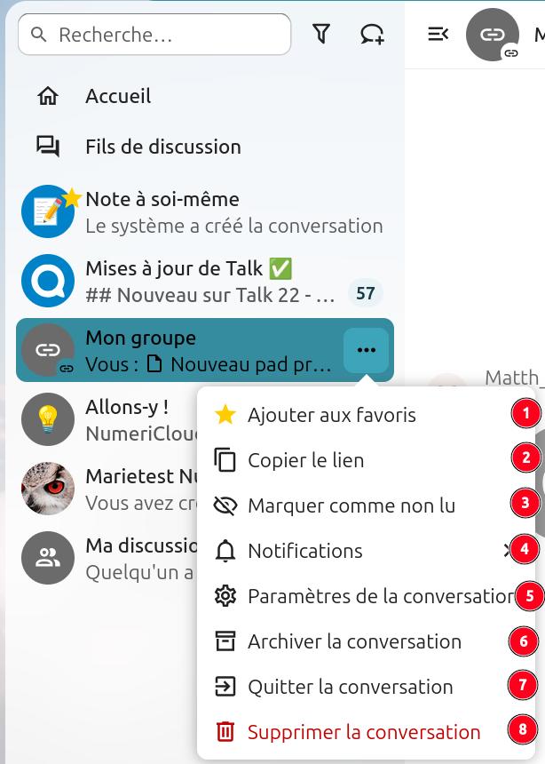 Menu contextuel de Nextcloud Talk ouvert sur la conversation "Mon groupe". La barre latérale affiche les sections "Accueil", "Fils de discussion", "Note à soi-même", "Mises à jour de Talk" (57 notifications), ainsi que les conversations "Allons-y !", "Marietest Numéricloud" et "Ma discussion". Le menu contextuel propose 8 options pour la conversation "Mon groupe" :
-Ajouter aux favoris,
-Copier le lien,
-Marquer comme non lu,
-Notifications,
-Paramètres de la conversation,
-Archiver la conversation,
-Quitter la conversation,
-Supprimer la conversation (en rouge).
