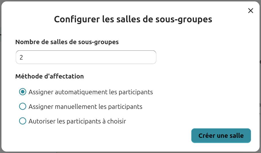Capture d’écran de la fenêtre qui permet de configurer des salles de sous-groupes. Il y a différents paramètres, "Nombre de salles de sous-groupe avec un champ pour mettre le nombre, "Méthode d’assignation avec 3 possibilités "Assigner automatiquement les participants", "Assigner manuellement les participants", "Autoriser les participants à choisir".