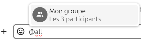 Capture d’écran du champ pour discuter. On y voit écrit @all, et une petite fenêtre est apparue au-dessus avec une icône ronde dans la quelle il y 2 silhouettes superposées et à sa droite le nom du groupe de discussion "Mon groupe" et juste en-dessous l'intitulé "Les 3 participants".