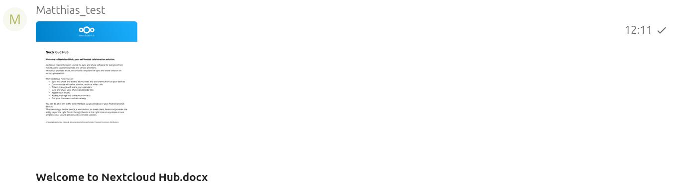 Capture d’écran du fichier joint une fois intégré. Il prend la forme d’une petite image du fichier partagé, ici un fichier .docx, avec comme nom de fichier "Welcome to Nextcloud Hub.docx".
