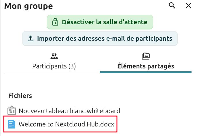 Interface de la conversation 'Mon groupe' dans Nextcloud Talk. En haut, deux boutons sont visibles : "Désactiver la salle d'attente" (surligné en vert) et "Importer des adresses e-mail de participants". La section "Participants (3)" et "Éléments partagés" sont affichées. Dans la section "Fichiers", deux éléments sont listés :
- Nouveau tableau blanc.whiteboard,
- Welcome to Nextcloud Hub.docx (encadré en rouge).