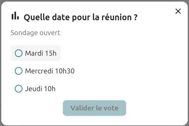 Fenêtre de sondage intitulé "Quelle date pour la réunion ?" dans Nextcloud Talk. Le sondage est ouvert et propose trois options de vote :
- Mardi 15h (sélectionnée),
- Mercredi 10h30,
- Jeudi 10h.
Un bouton "Valider le vote" est visible en bas de la fenêtre.