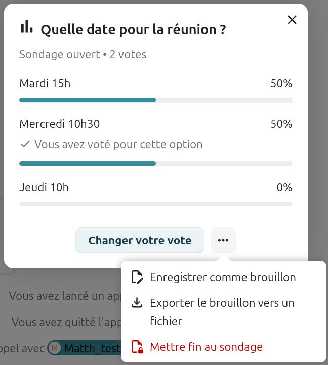 Résultats du sondage "Quelle date pour la réunion ?" dans Nextcloud Talk. Le sondage est ouvert et compte 2 votes. Les résultats sont les suivants :
- Mardi 15h : 50 % (barre de progression bleue à moitié remplie),
- Mercredi 10h30 : 50 % (vous avez voté pour cette option, avec une barre de progression bleue à moitié remplie),
- Jeudi 10h : 0 % (barre de progression vide).
Un bouton "Changer votre vote" est visible en bas, ainsi qu'un menu contextuel proposant :
- Enregistrer comme brouillon,
- Exporter le brouillon vers un fichier,
- Mettre fin au sondage (en rouge).