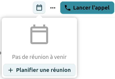 Interface de planification de réunion dans Nextcloud Talk. Un bouton "Lancer l'appel" (avec une icône de téléphone) est visible en haut à droite. A gauche il y a une icône de calendrier. En dessous, une section indique "Pas de réunion à venir". Un bouton "+ Planifier une réunion" est disponible pour créer une nouvelle réunion.