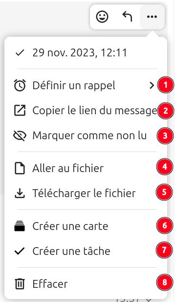 Menu contextuel d'un message dans Nextcloud Talk, ouvert à 12:11 le 29 novembre 2023. Le menu propose 8 options numérotées :
- Définir un rappel,
- Copier le lien du message,
- Marquer comme non lu,
- Aller au fichier,
- Télécharger le fichier,
- Créer une carte,
- Créer une tâche,
Effacer.