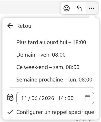 Menu de configuration d'un rappel dans Nextcloud Talk. En haut, un bouton "Retour" permet de revenir en arrière. Les options de rappel proposées sont :
- Plus tard aujourd'hui – 18:00,
- Demain – ven. 08:00,
- Ce week-end – sam. 08:00,
- Semaine prochaine – lun. 08:00. Une option personnalisée est sélectionnée : 11/06/2026 à 14:00, avec une icône de calendrier et une coche pour valider la configuration d'un rappel spécifique.