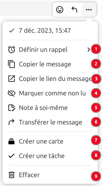 Menu contextuel d'un message dans Nextcloud Talk, ouvert à 15:47 le 7 décembre 2023. Le menu propose 9 options numérotées :
- Définir un rappel,
- Copier le message,
- Copier le lien du message,
- Marquer comme non lu,
- Note à soi-même,
- Transférer le message,
- Créer une carte,
- Créer une tâche,
Effacer.
