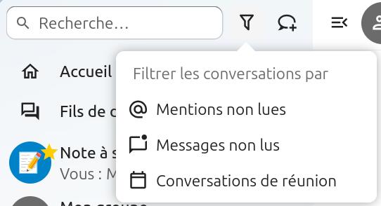 Menu de filtrage des conversations dans Nextcloud Talk. Un champ de recherche est présent en haut avec le texte "Recherche...". A sa droite l'icône de filtrage sous laquelle il y a une bulle rectangulaire, par-dessus le reste, avec le menu "Filtrer les conversations par" qui propose trois options :
- Mentions non lues,
- Messages non lus,
- Conversations de réunion.
À gauche, en arrière-plan de la bulle, la barre latérale affiche des sections comme "Accueil", "Fils de discussion", et "Note à soi-même" (avec une icône de note épinglée).