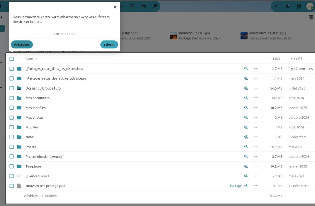 Capture d'écran de l'interface d'un gestionnaire de fichiers en ligne, affichant une arborescence de dossiers partagés et personnels. On y voit une liste de dossiers et fichiers avec leurs tailles, dates de modification, et des options de navigation comme 'Précédent' et 'Suivant'. Un message en haut indique : 'Vous retrouvez au centre votre arborescence avec vos différents dossiers et fichiers.'