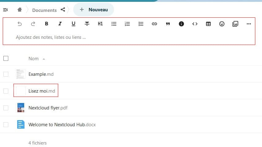 Capture d'écran de la partie qui inclue le fichier "Lisez moi.md" entouré d'un cadre rouge et de la partie en haut qui permet d'écrire du texte dans ce fichier, partie également encadrée d'un cadre rouge.