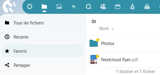 Capture d'écran de la partie droite en haut de la page des favoris des fichiers. on y voit un dossier et un fichier.