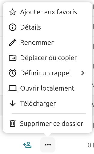 Menu contextuel de Nextcloud pour un fichier, proposant les options suivantes : 'Ajouter aux favoris', 'Détails', 'Renommer', 'Déplacer ou copier', 'Définir un rappel', 'Ouvrir localement, 'Télécharger', et 'Supprimer ce dossier'.