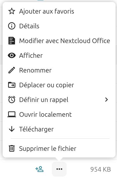 Menu contextuel de Nextcloud pour un fichier, proposant les options suivantes : 'Ajouter aux favoris', 'Détails', 'Modifier avec Nextcloud Office', 'Afficher', 'Renommer', 'Déplacer ou copier', 'Définir un rappel', 'Ouvrir l’emplacement', 'Télécharger', et 'Supprimer le fichier'. En bas, la taille du fichier (954 KB) est indiquée.