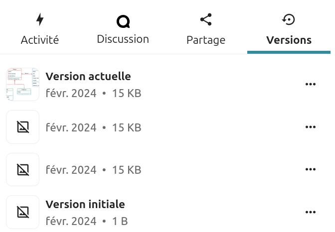 Capture d'écran du volet latéral, à droite de la page. On voit 4 onglets de gauche à droite "Activité", "Discussion", "Partage" et "Versions" souligné en bleu-vert et qui est celui d’ouvert. On y voit les différentes version du fichiers, avec le fichier en premier en haut qui a l'indication "Version actuelle" et le dernier en bas avec "Version initiale".