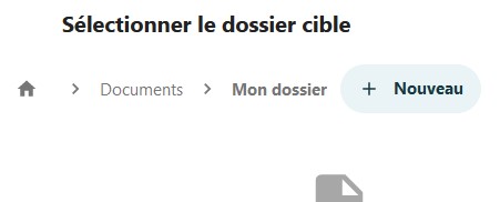 Capture d'écran de la partie de la fenêtre de copie de fichier où l'on voit le fil d'Ariane qui indique où l'on se trouve dans les dossiers. On y voit le titre "Sélectionner le dossier titre", dessous l’icône d'une maison qui représente la racine des fichiers, suivi du terme "Documents" qui représente le dossier documents, puis "Mon dossier" qui est le dossier dans lequel on souhaite faire la copie ou le déplacement du fichier.