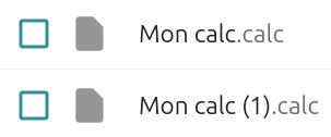 Liste de fichiers dans Nextcloud affichant deux fichiers de calcul : 'Mon calc.calc' (non sélectionné), 'Mon calc (1).calc' (sélectionné).
