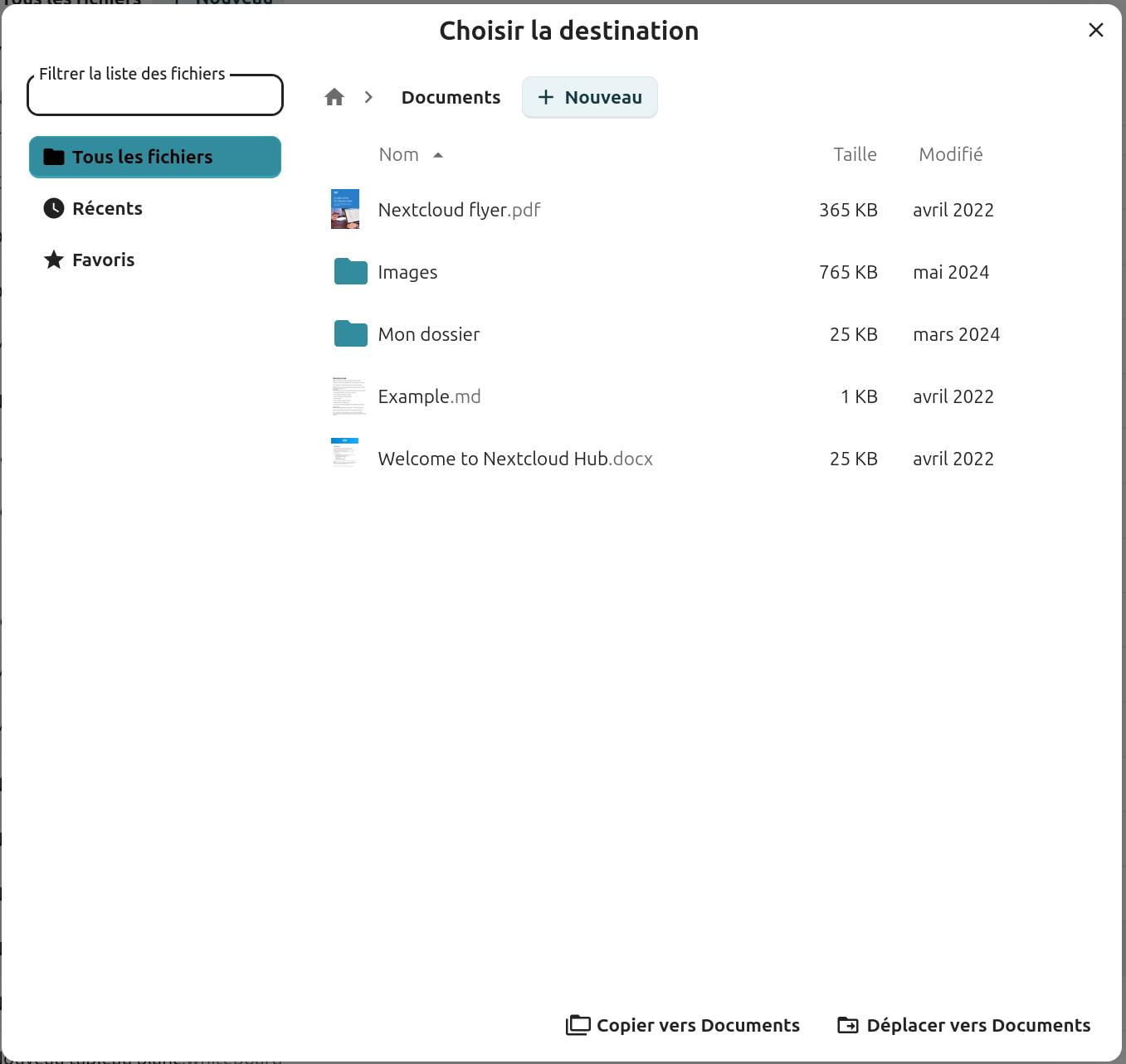 Capture d'écran de la fenêtre qui s'affiche lorsqu'on a cliqué sur le dossier dans lequel on veut copier ou déplacer le fichier. On voit en haut "Choisir la destination". En-dessous sur la gauche un champ dans lequel est indiqué "Filtrer la liste des fichiers", en dessous les items "tous les fichiers" qui est sélectionné, "récents" et "Favoris". A côté de ces items des dossiers et des fichiers. Tout en bas deux boutons côte à côte "Copier vers Documents" et "Déplacer vers Documents"
