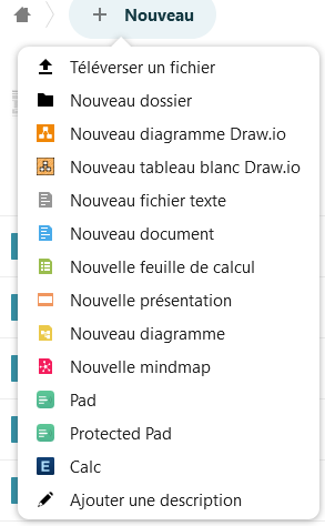 Capture d'écran de la fenêtre qui s'ouvre lorsqu'on clique sur le bouton "Nouveau +". Il y a la liste de tous les documents qu'il est possible de créer dans l'instance.