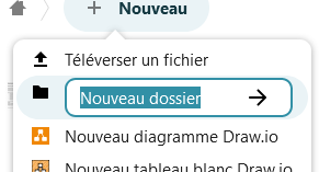 Capture d'écran du bouton "+ Nouveau" sur lequel on a cliqué et on voit une partie de la fenêtre qui s'est ouverte avec la liste des documents que l'on peut créer. Celui représentant la création d'un nouveau dossier a été sélectionné, un champ est apparu dans lequel est écrit "Nouveau dossier" avec sur sa droite une flèche pointée vers la droite.