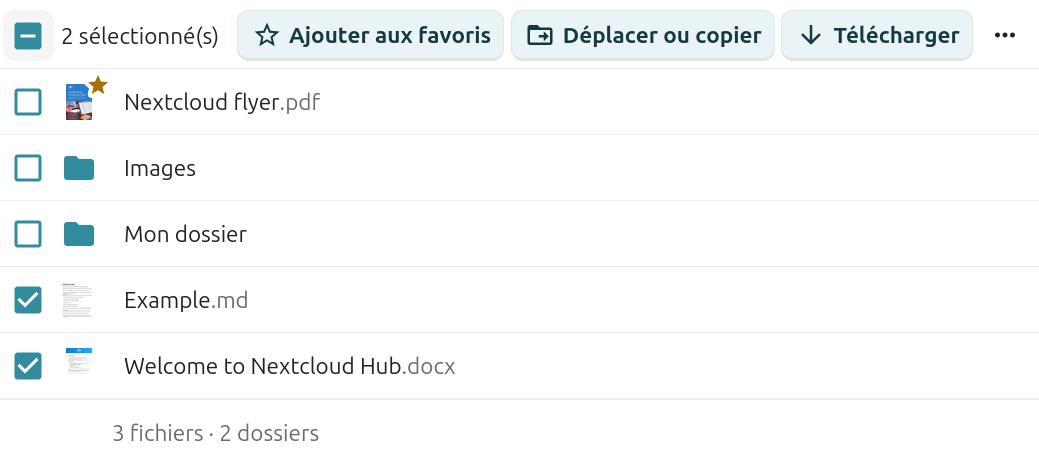 Capture d'écran d'une partie de la page des fichiers. On voit un fichier suivi de deux dossiers dont les cases à gauche sont décochées, puis 2 fichiers dont les cases à gauche sont cochées. En haut est apparu l'intitulé "2 sélectionné(s)" suivi de trois boutons "Ajouter aux favoris", "Déplacer ou copier" et "Télécharger". A côté il y a 3 points.