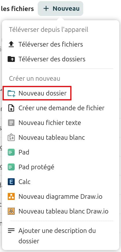 Menu contextuel de Nextcloud pour ajouter du contenu dans un dossier. Les options incluent : 'Télécharger depuis l’appareil', 'Télécharger des fichiers', 'Télécharger des dossiers', ainsi que des options pour créer du contenu comme 'Nouveau dossier' (sélectionné et encadré en rouge), 'Créer une demande de fichier', 'Nouveau fichier texte', 'Nouveau tableau blanc', 'Pad', 'Pad protégé', 'Calc', 'Nouveau diagramme Draw.io', 'Nouveau tableau blanc Draw.io', et 'Ajouter une description du dossier'.