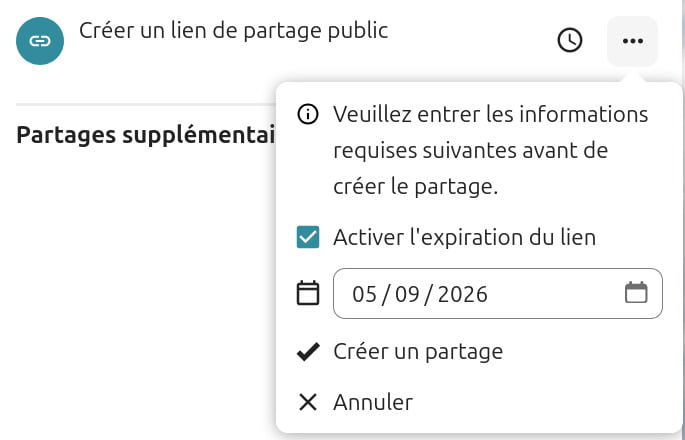 Fenêtre de création d'un lien de partage public dans Nextcloud. Un message indique : 'Veuillez entrer les informations requises suivantes avant de créer le partage.' L'option 'Activer l’expiration du lien' est cochée, avec une date d'expiration définie au 05/09/2026. Les boutons 'Créer un partage' et 'Annuler' sont disponibles en bas.