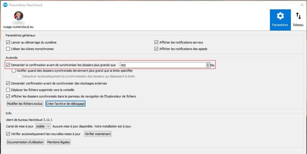 Capture d'écran de la fenêtre des paramètres de la synchronisation. Il y a plein de paramètres, celui concerné est dans la rubrique "Avancés", il y a une case cochée avec l'intitulé "Demande la confirmation avant de synchroniser les dossiers plus grand que" et à côté un champ pour indiquer le chiffre en Mo.