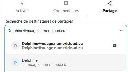 Capture d'écran ou l'on voit l'onglet de partage ouvert. On y voit "Recherche de destinataire de partage". Dessous une adresse mail et dessous les utilisatrice correspondant à cette adresse.