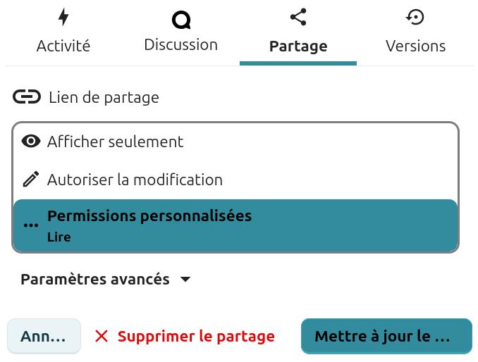 Capture d'écran de l'onglet "Partage" ouvert. On y voit l'icône d'une chaîne suivi de "Lien de partage". Dessous "afficher seulement". Dessous l'icône d'un crayon suivi de "Autoriser la modification". Dessous trois points côte à côte suivi de "Permissions personnaliser Lire". Dessous l’icône d'un triangle à l'envers précédé de "Paramètres avancés". Dessous 3 boutons l'un à gauche "Ann..." au centre "Supprimer le partage" (en rouge) et à droite "Mettre à jour le ...".