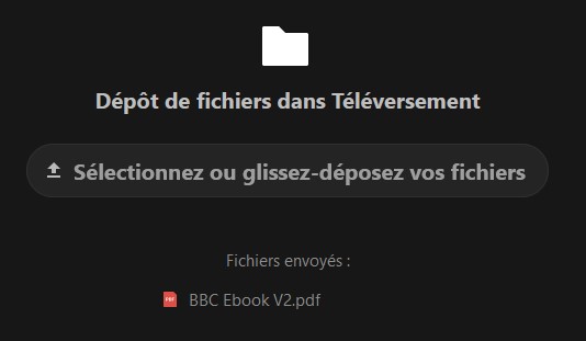 Capture d'écran de la page de dépôt de fichiers une fois le ou les fichiers déposés. On voit l'icône d'un dossier. Dessous "Dépôt de fichiers dans Téléversement". Dessous un bouton avec comme texte "Sélectionnez ou glissez-déposez vos fichiers". Dessous "Fichiers envoyés :". dessous l'icône d'un fichier suivi de son nom.