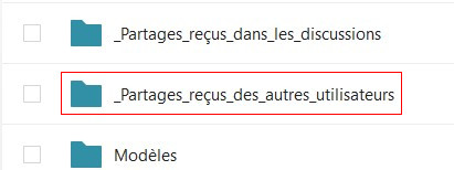 Capture d'écran d'une partie de la page des fichiers. On y voit trois dossiers, "_Partages_reçus_dans_les_discussions", "_Partages_reçus_des_autres_utilisateurs" qui est entouré d'un cadre rouge pour le distinguer et "Modèles".