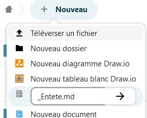 capture d'écran d'une partie de la fenêtre qui s'ouvre lorsqu'on clique sur le bouton "Nouveau +". On voit un champ à côté de l'icône du fichier "Nouveau fichier texte" dans lequel est écrit "_Entete.md", avec une flèche qui pointe vers la droite.