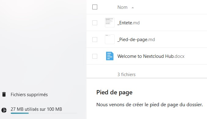 Capture d'écran du bas de la page des fichiers. On y voit la fin de la liste des fichiers, ety en-dessous le texte du pied de page qui a été créé avec le fichier "_Pied-de-page.md"