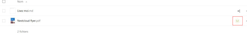 Capture d'écran d'une partie de la page des fichiers. On y voit 2 fichiers "Lisez moi.md" et "Nextcloud flyer" à la droite duquel on peut voir un cercle dans lequel il y a la lettre "M" et un cadre rouge qui l’entoure pour le distinguer.