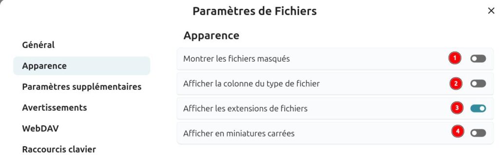 Interface des paramètres de fichiers dans Nextcloud, onglet 'Apparence' sélectionné. À gauche, un menu latéral propose les sections : 'Général', 'Apparence' (sélectionné), 'Paramètres supplémentaires', 'Avertissements', 'WebDAV', et 'Raccourcis clavier'.
À droite, les options disponibles pour l'apparence sont :
Montrer les fichiers masqués (bouton désactivé),
Afficher la colonne du type de fichier (bouton désactivé),
Afficher les extensions de fichiers (bouton activé),
Afficher en miniatures carrées (bouton désactivé).