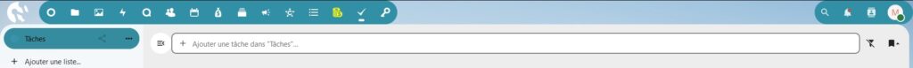 Capture d'écran du haut de la page "Tâches". A gauche un volet avec le nom d'une liste de tâches et en-dessous "+ Ajouter une liste...". Le reste de la page est presque vide, avec seulement un champ pour ajouter une tâche à une liste.