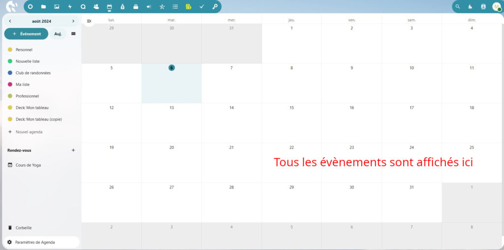 Capture d'écran de la page générale de l'application Agenda de Nextcloud, avec le texte indiquant "Tous les évènements sont affichés ici".