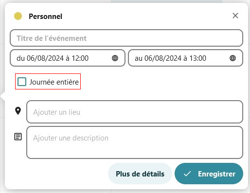 Capture d'écran de la fenêtre ajouter un évènement, avec un cadre rouge autour de l'intitulé "Journée entière", et de sa case à cocher ou décocher.