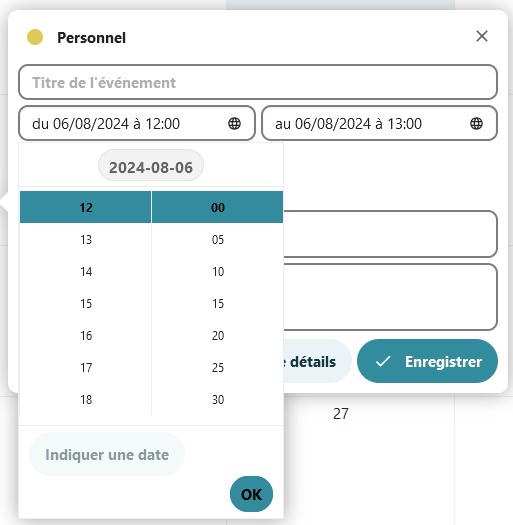 Capture d'écran de la fenêtre ajouter un évènement, avec la fenêtre des heures à choisir déployée.