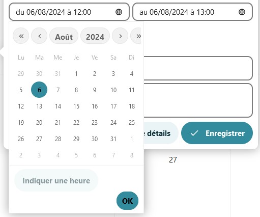 Capture d'écran de la fenêtre ajouter un évènement, avec la fenêtre des dates à choisir déployée.