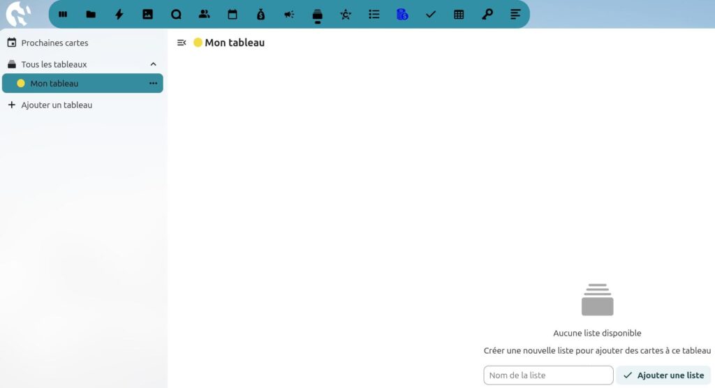 Capture d'écran de la page du tableau qui se nomme "Mon tableau". Sur la gauche les intitulés, "Cartes à venir", en-dessous "tous les tableaux", en-dessous "Mon tableau", et en-dessous un + suivi de "Ajouter un tableau".