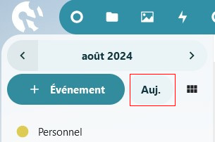 Capture d'écran du bouton "Auj" pour revenir à la journée en cours si on se trouve ailleurs dans l’agenda.