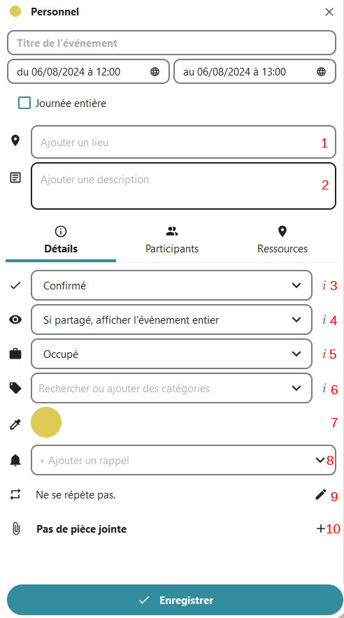 Capture d'écran de la fenêtre ajouter un évènement, avec l'onglet détails sélectionné, et qui montre les champs à remplir