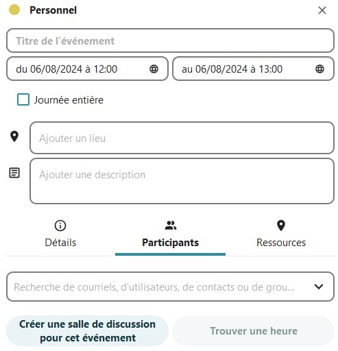 Capture d'écran de la fenêtre ajouter un évènement, avec l'onglet "Participants" sélectionné.