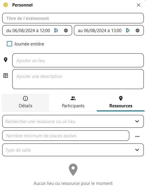 Capture d'écran de la fenêtre ajouter un évènement, avec l'onglet "Ressources" sélectionné.