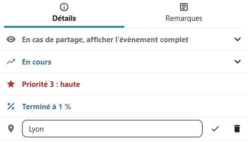 Capture d'écran de l'item "Définir un lieu" activé. On voit un champ dans lequel on peut mettre le lieu, une coche sur la droite et une corbeille à côté.