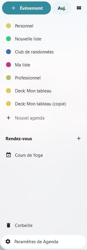 Capture d'écran de la partie gauche de la page agenda, avec le bouton des paramètres de l'agenda.