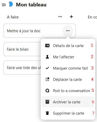 Capture d'écran de la partie "A faire" du tableau. On voit sous le titre une carte intitulée "Mettre à jour la doc", dessous une autre intitulée "Faire le bilan", et en-dessous une dernière "Faire une liste des utilisateurs". Les trois petits points alignés à droite de la première carte a été cliqué, et une pop-up apparaît, avec plusieurs items, à côté desquels a été ajouté des numéros en rouge, de 1 à 7, pour pouvoir donner leur description dans un texte à côté de l'image.